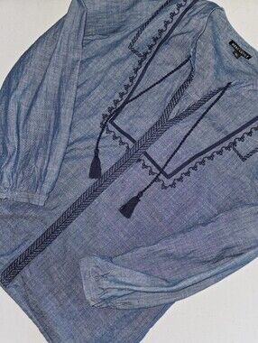J.Crew Mercantile Chambray Tassel Tie Long Sleeve Embroidered Peasant Top XS